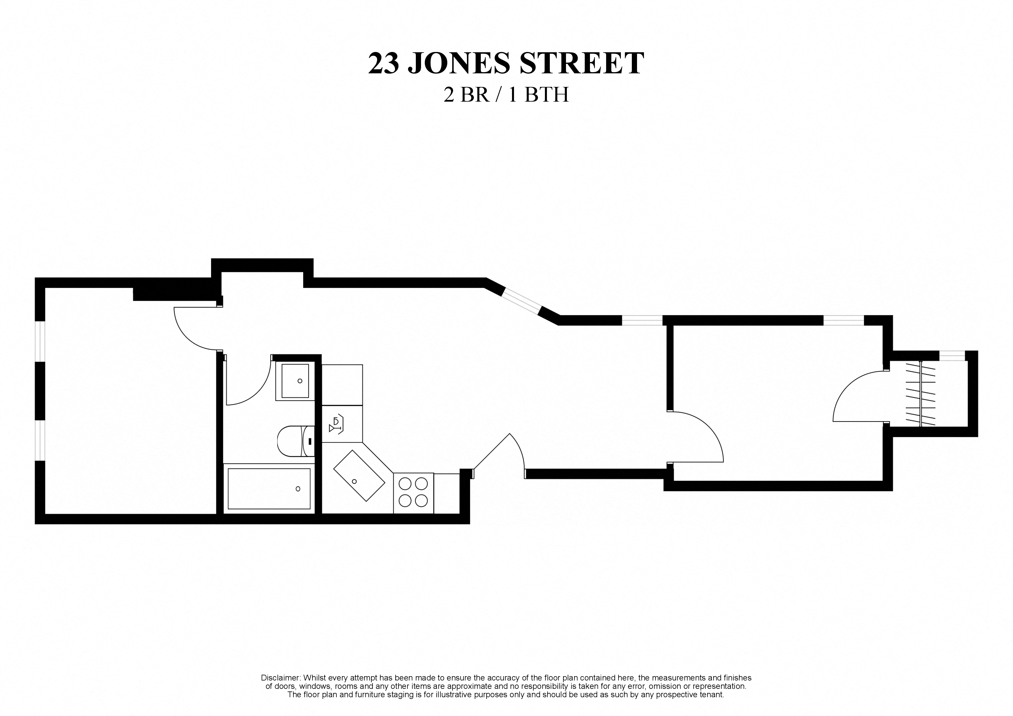 Floor plan for 2 beds, 1 bath